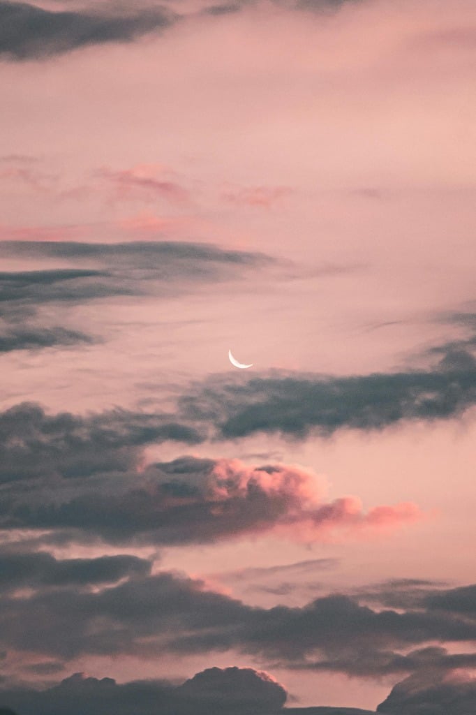Crescent moon in a pink and cloudy sunset sky